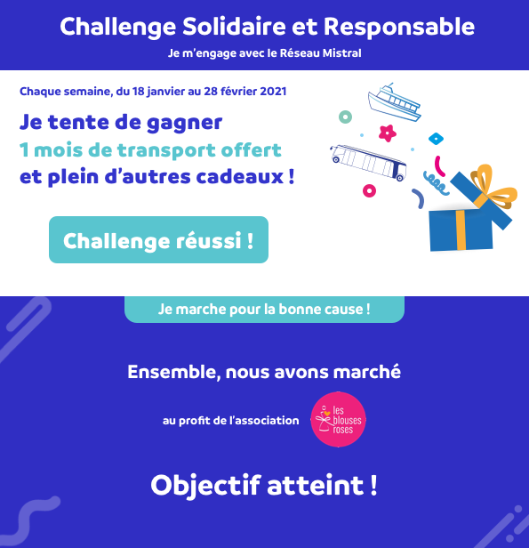 Affiche pour annoncer le challenge réseau Mistral Toulon au profit des Blouses Roses. Logo Blouses Roses et texte je marche pour la bonne cause